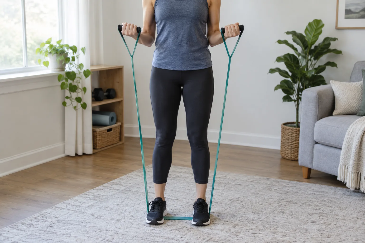 Une personne debout sur une bande élastique teste une flexion des bras avec une posture stable.