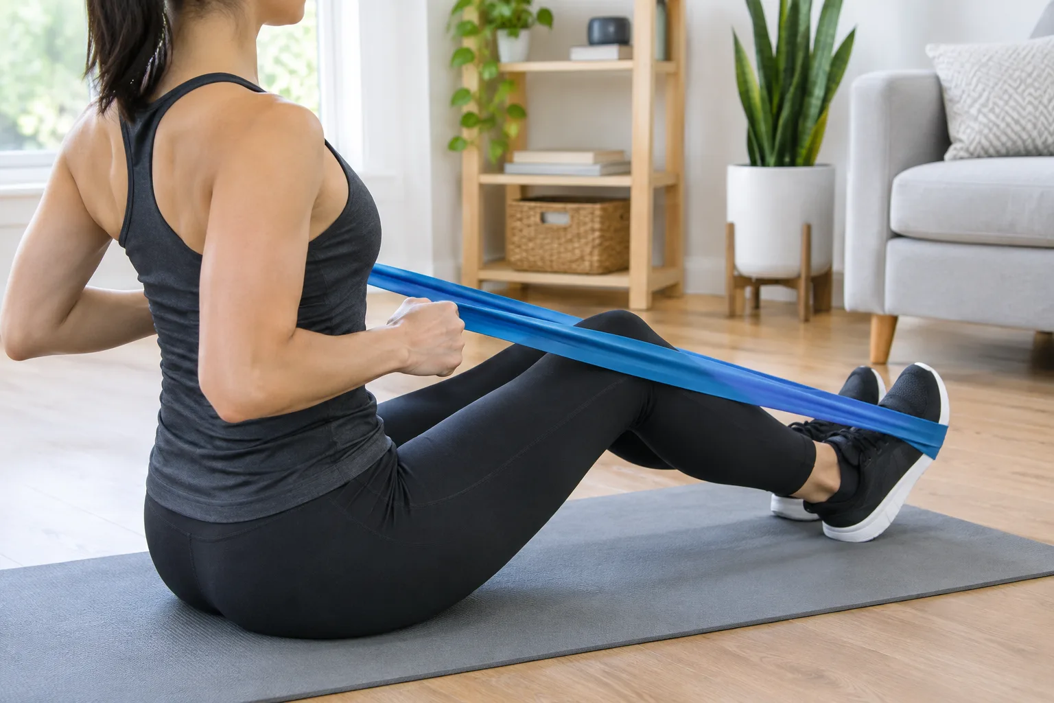 Une personne réalise un tirage assis avec un élastique passé autour de ses pieds.