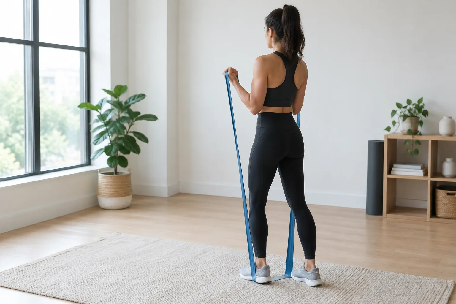 Une personne teste la tension d’une bande élastique pendant un exercice debout à domicile.