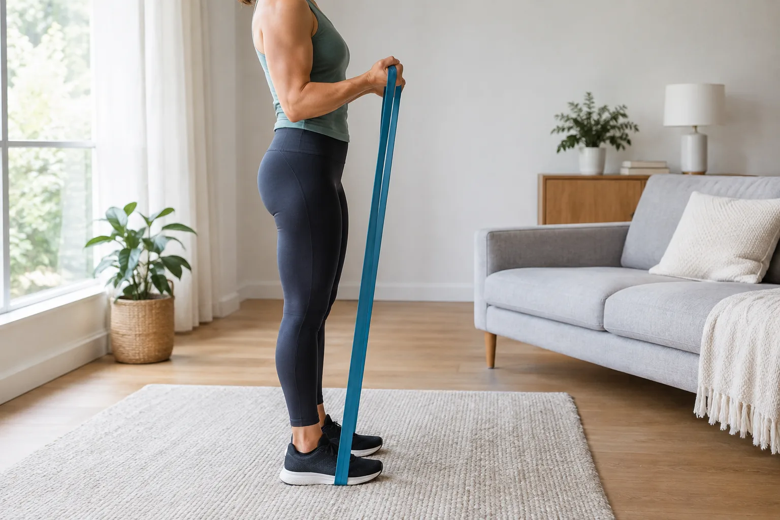 Une personne teste la tension d’une bande élastique dans une position stable à domicile.
