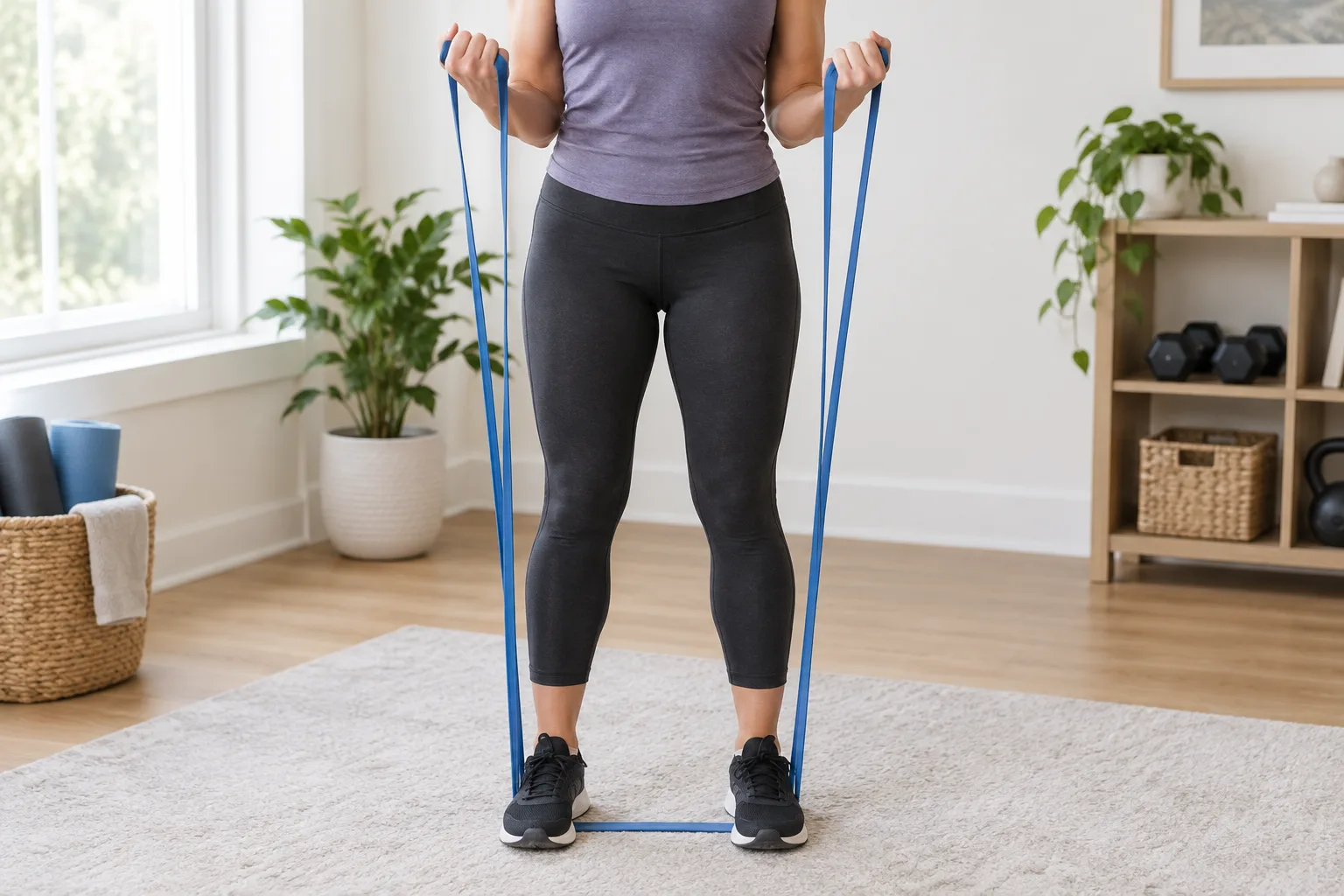 Une personne réalise un curl biceps debout avec une bande maintenue sous ses deux pieds.