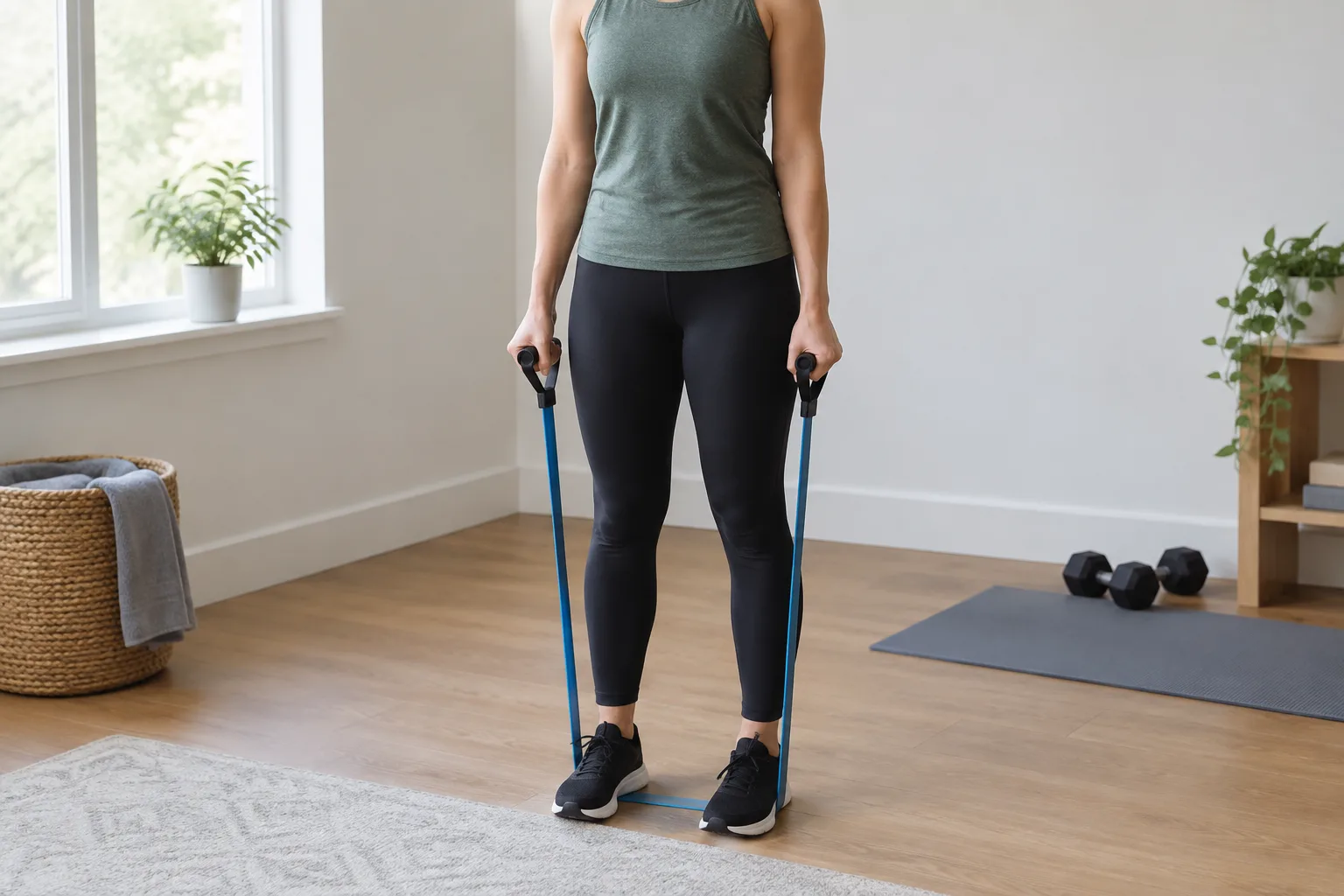 Une personne debout tient une bande élastique sous ses pieds pour tester un curl biceps.