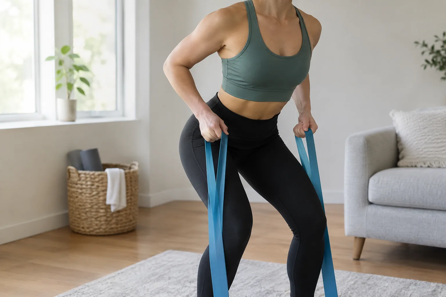 Une personne règle la tension d’un élastique avant un exercice de renforcement à domicile.