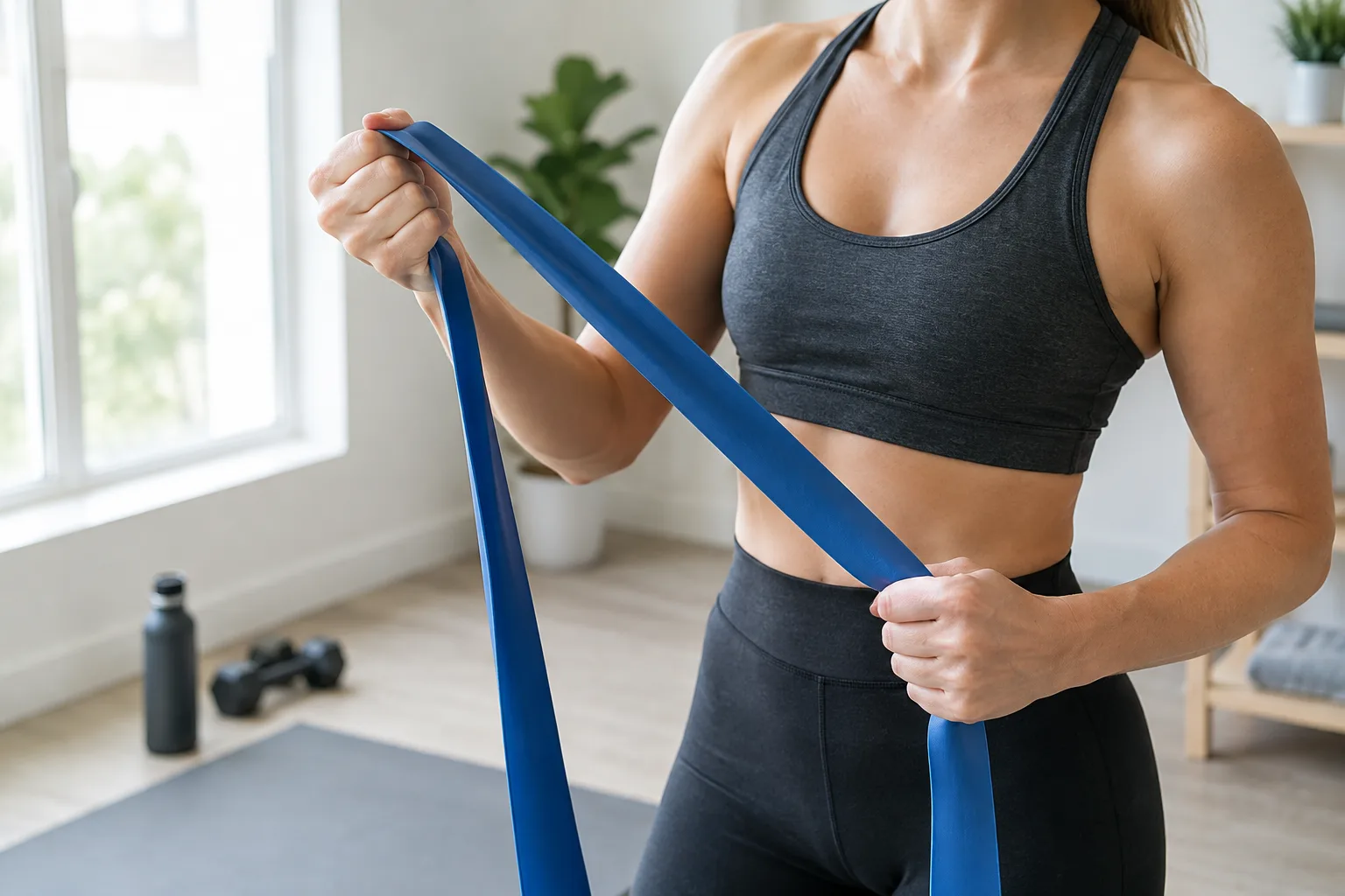 Une personne règle la tension d’un élastique avant un exercice de renforcement à domicile.