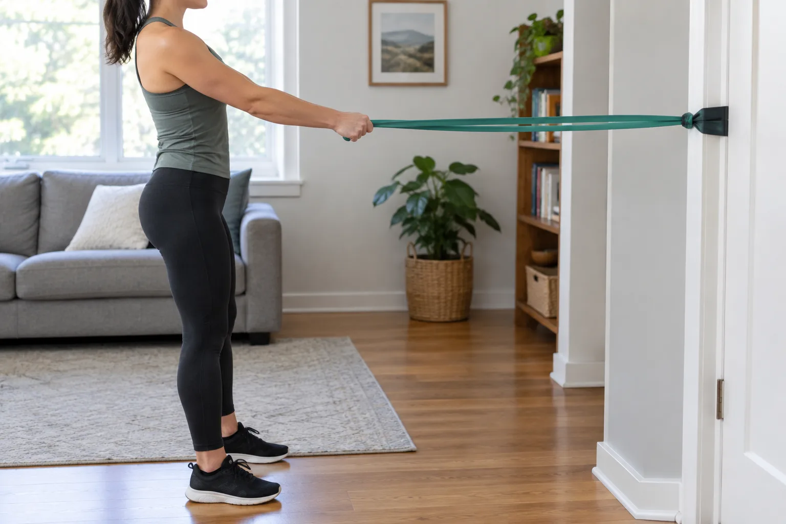 Position de départ d’un tirage horizontal, avec le buste droit et l’élastique légèrement tendu.