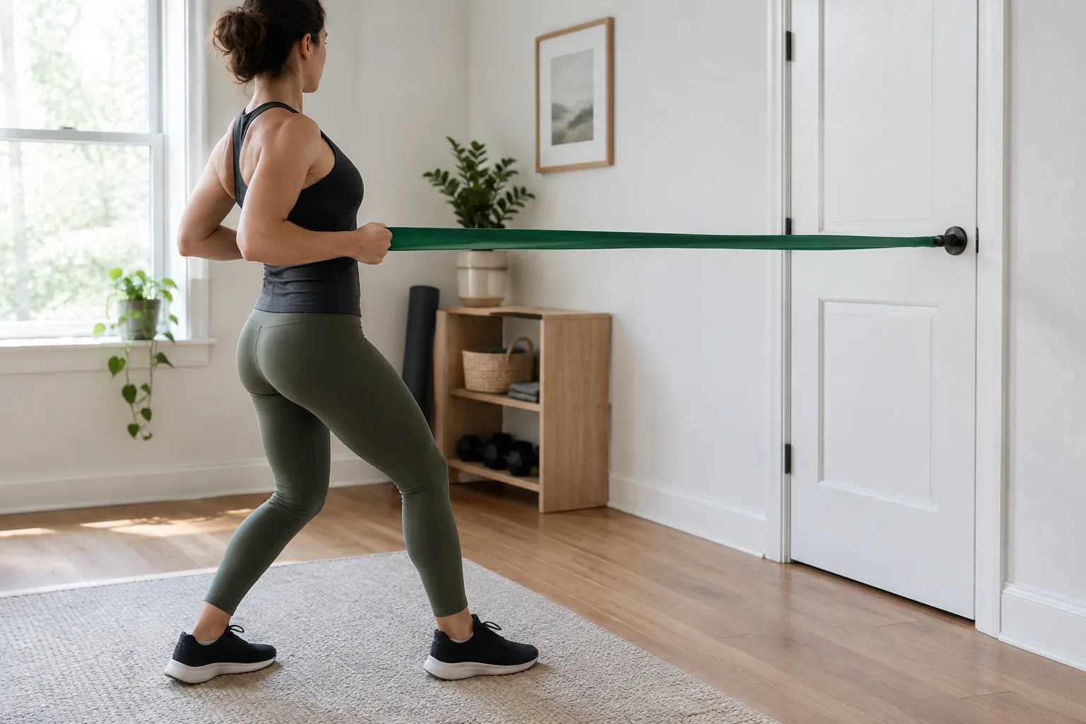 Une personne réalise un tirage horizontal avec un élastique fixé à un point d’ancrage stable.
