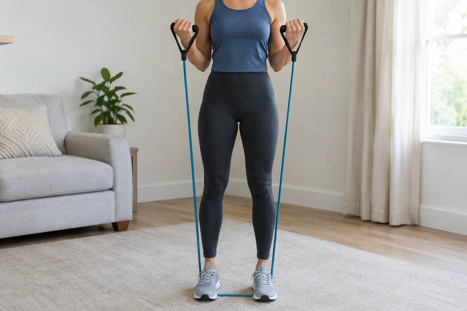 Personne debout réalisant un curl biceps avec une bande élastique maintenue sous les pieds.