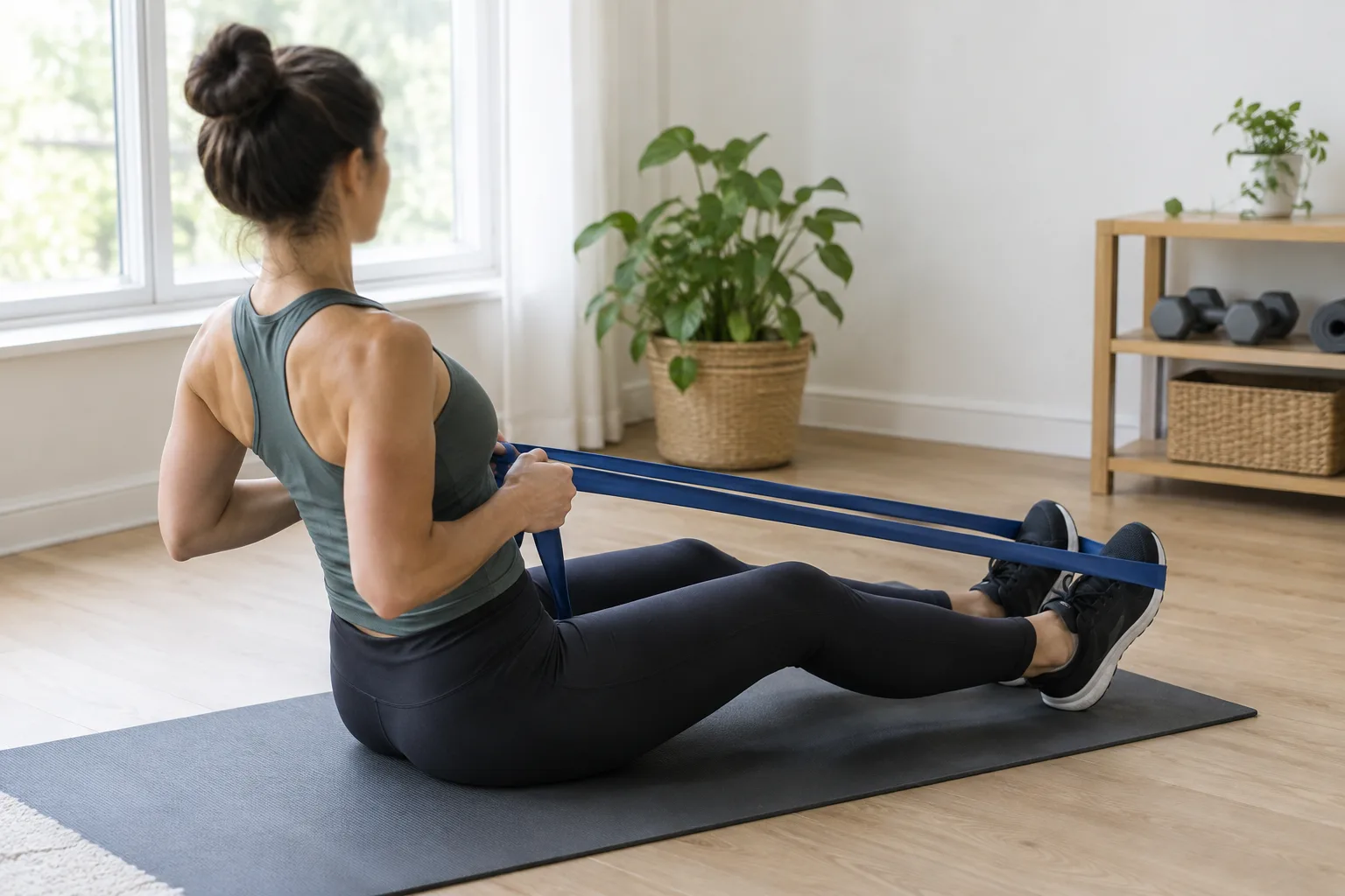 Une personne assise au sol tire une bande élastique vers son torse pour effectuer un rowing.