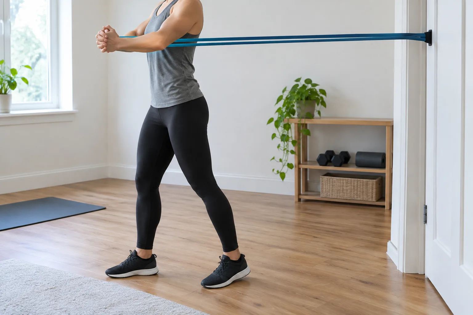 Une personne réalise un Pallof press debout, les bras tendus devant elle et l’élastique fixé sur le côté.