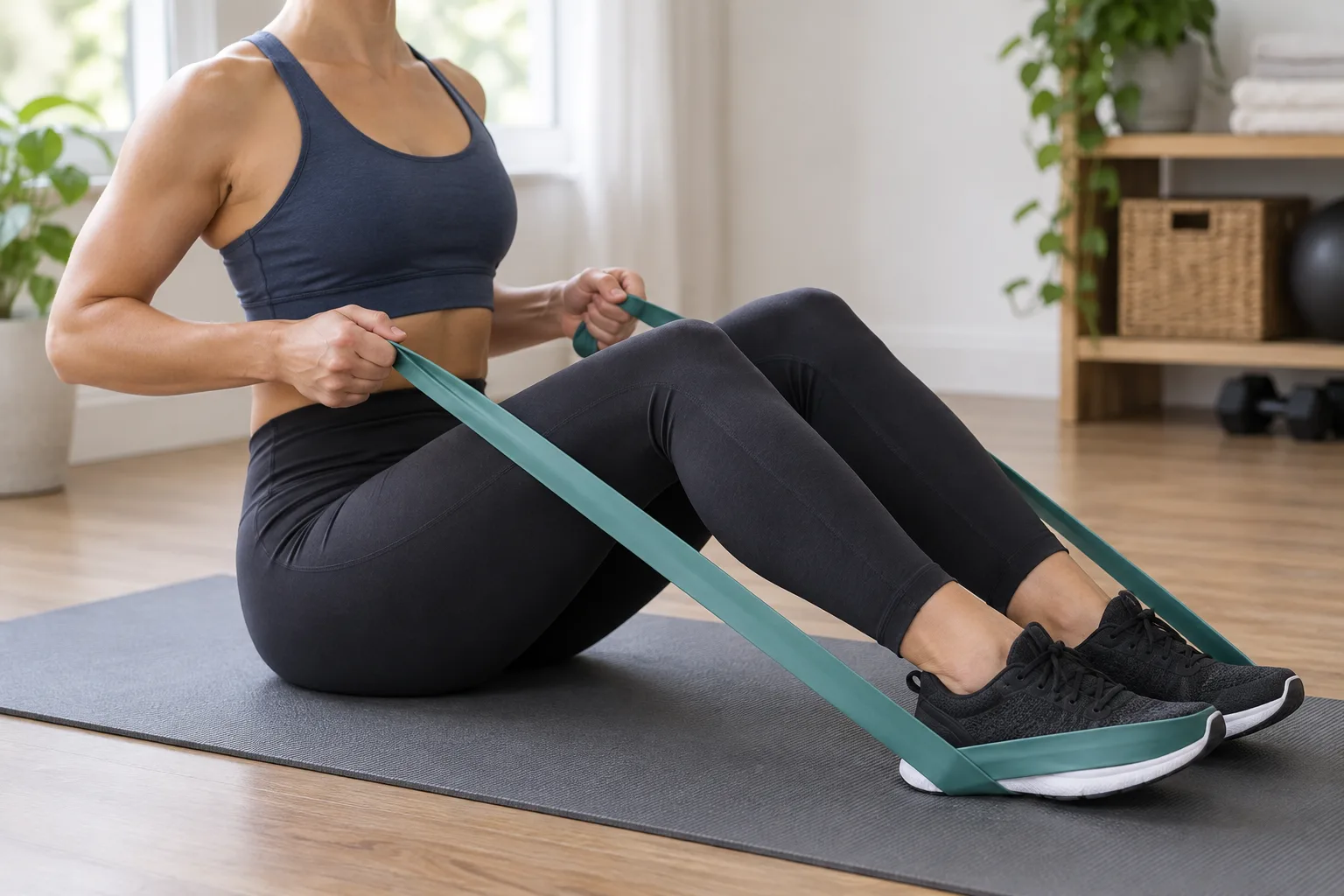 Position de départ du rowing assis, avec l’élastique maintenu sous les pieds et les bras tendus.