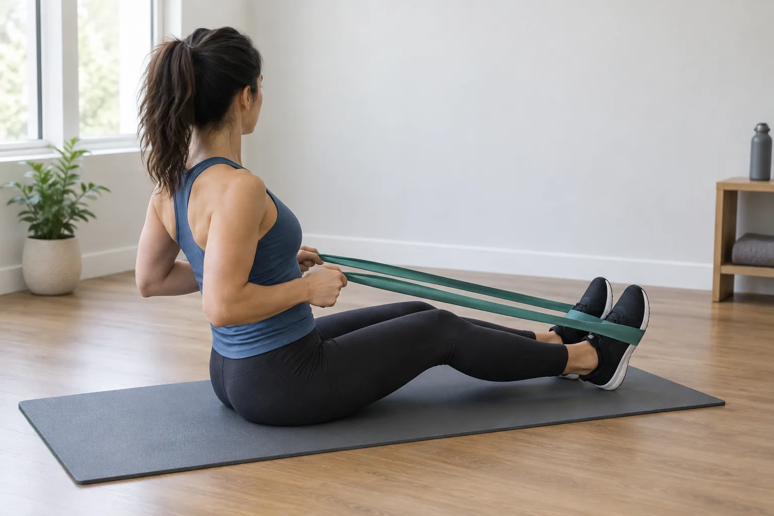 Une personne assise au sol réalise un rowing avec un élastique placé sous ses pieds.
