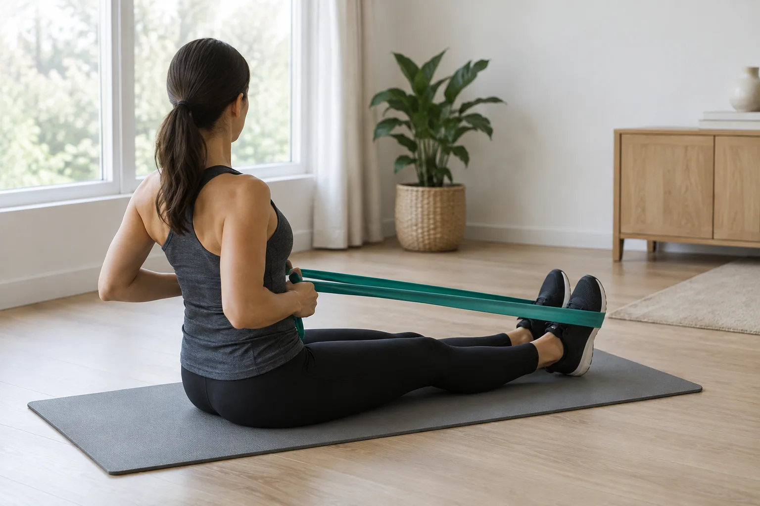 Personne assise au sol qui prépare un rowing en plaçant un élastique sous ses pieds.