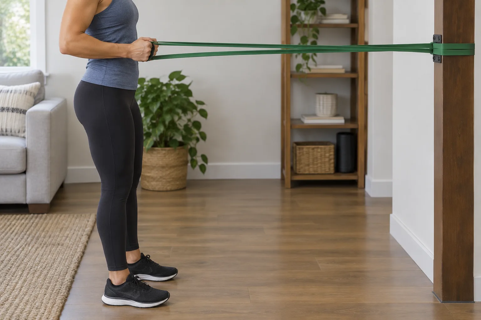 Position de départ d’un rowing avec élastique : la personne fait face à un point d’ancrage stable, les bras tendus et les pieds écartés.