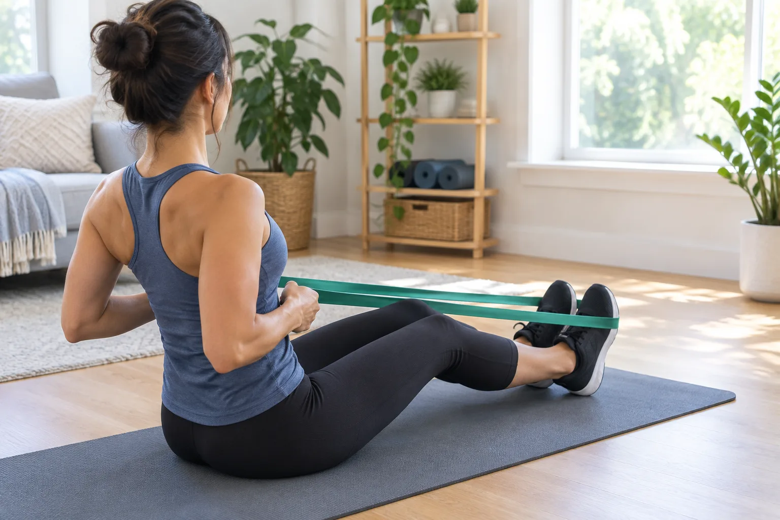 Une personne tire les extrémités d’une bande élastique vers son buste, assise jambes fléchies.