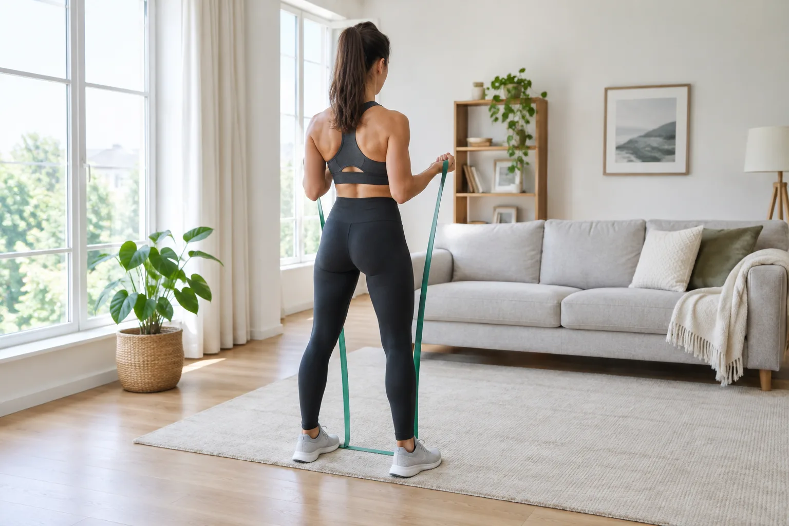 Une personne assise sur un tapis réalise un tirage avec une bande élastique autour des pieds.