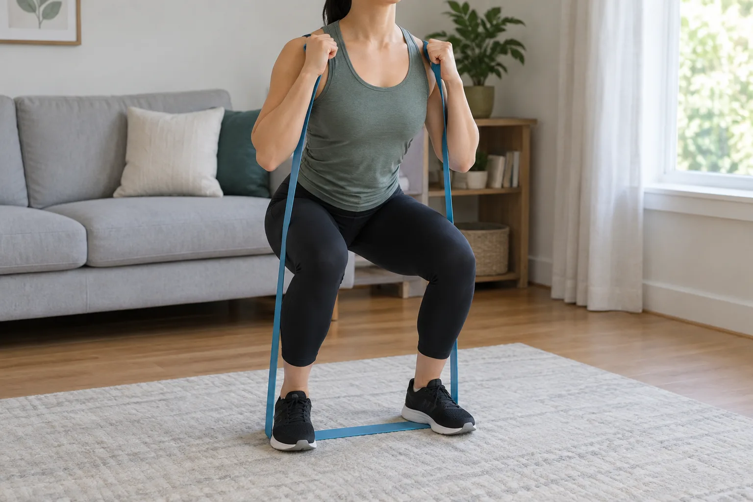 Position de squat avec une bande longue maintenue sous les pieds et tenue près des épaules.