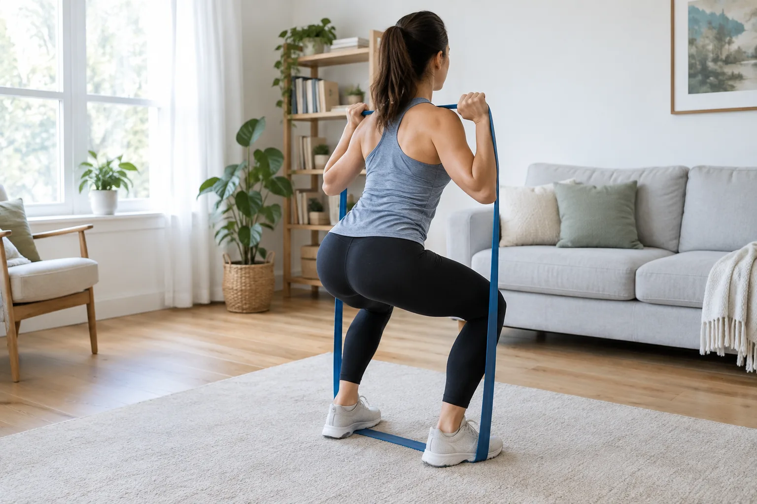 Une personne réalise un squat avec une bande de résistance placée sous ses pieds.