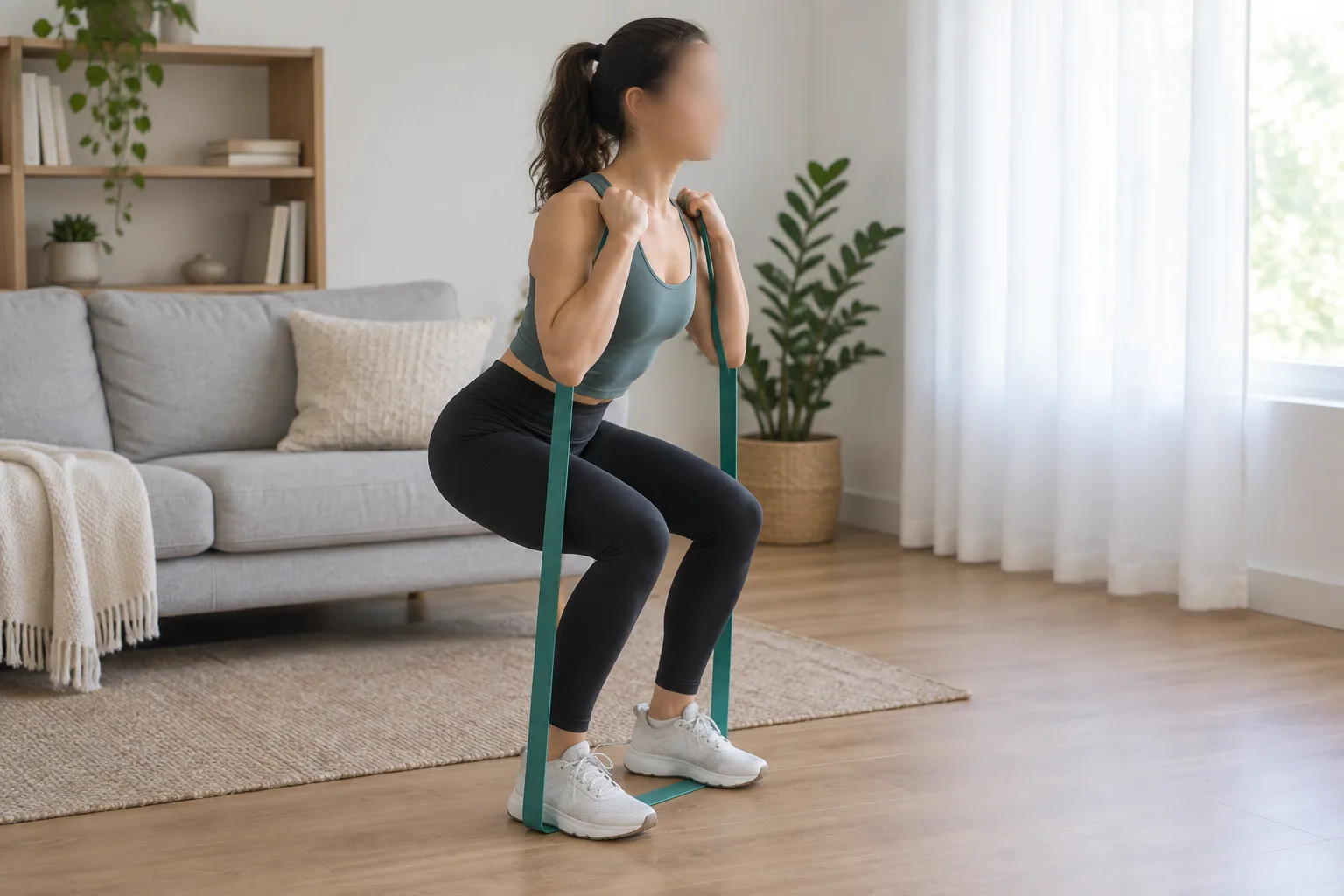 Une personne tient les extrémités d’une bande sous ses pieds pendant un squat.