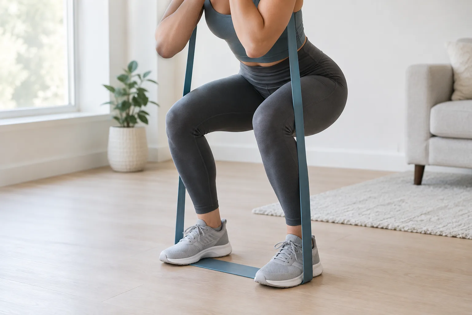Personne réalisant un squat avec une bande élastique placée sous les pieds.