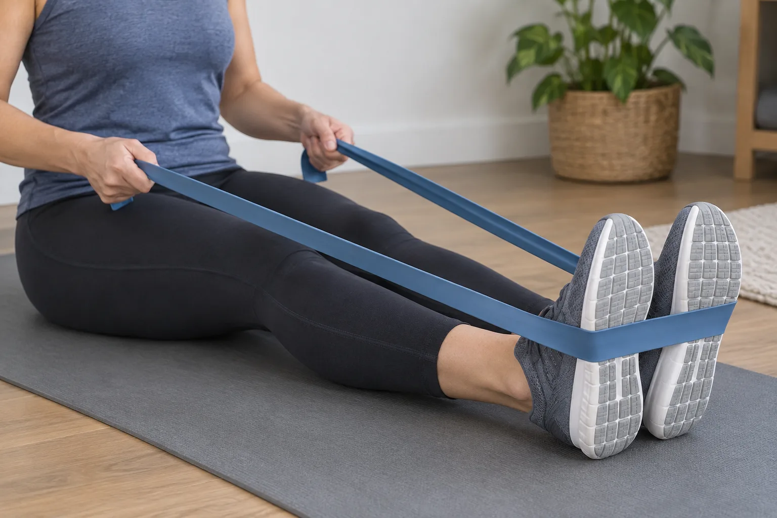 Gros plan sur la position assise et le placement de l’élastique autour du milieu des pieds avant un tirage.