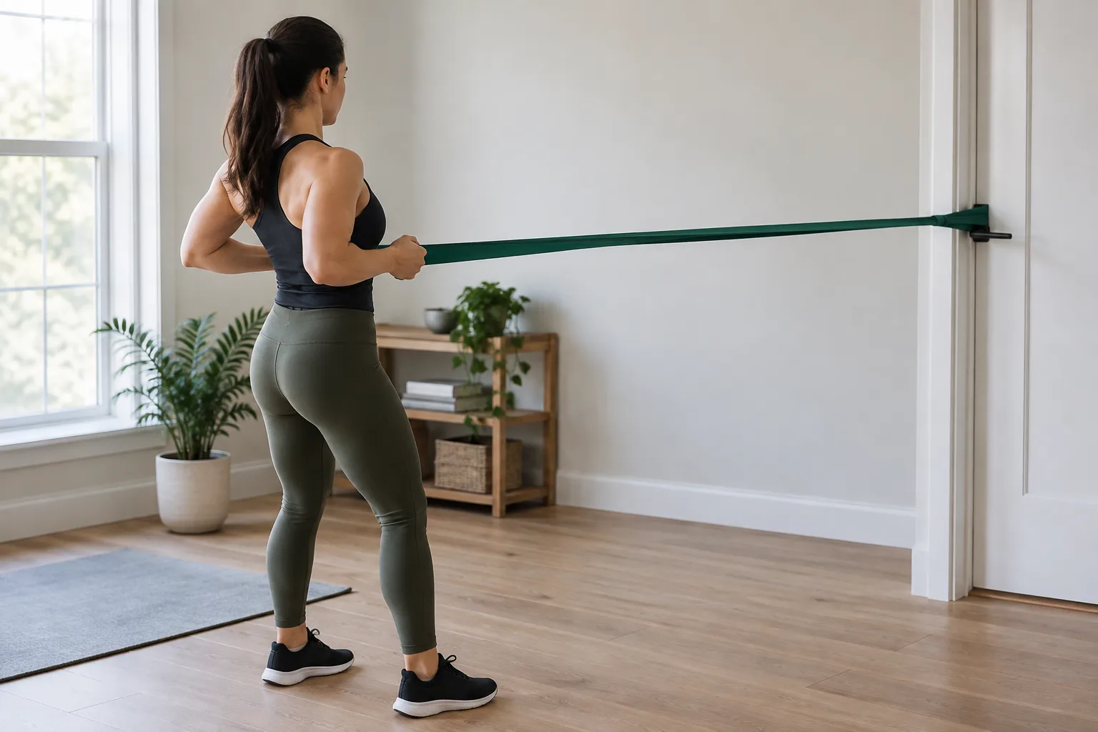 Une personne réalise un tirage horizontal avec un élastique fixé devant elle.