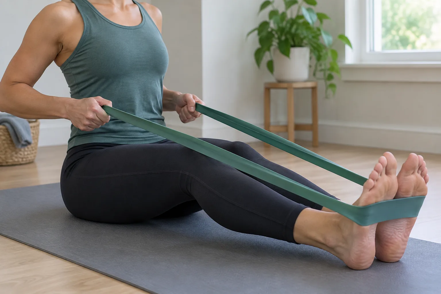 Personne assise au sol qui réalise un tirage horizontal avec un élastique placé autour des pieds.