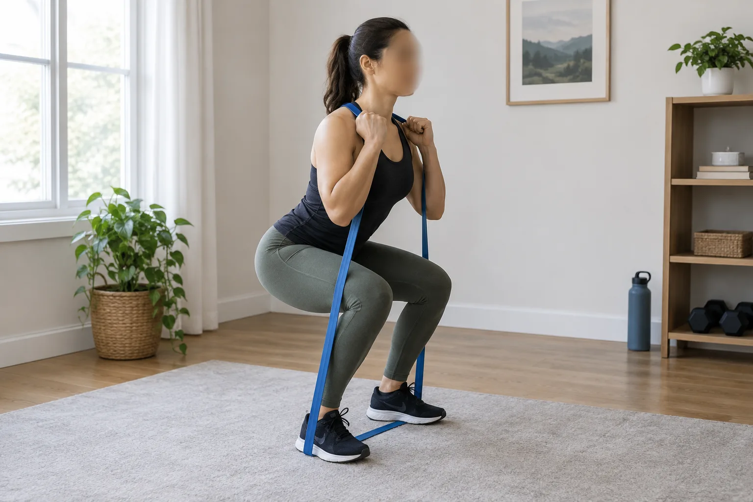 Une personne tient les extrémités d’une bande élastique sous ses pieds pendant un squat.
