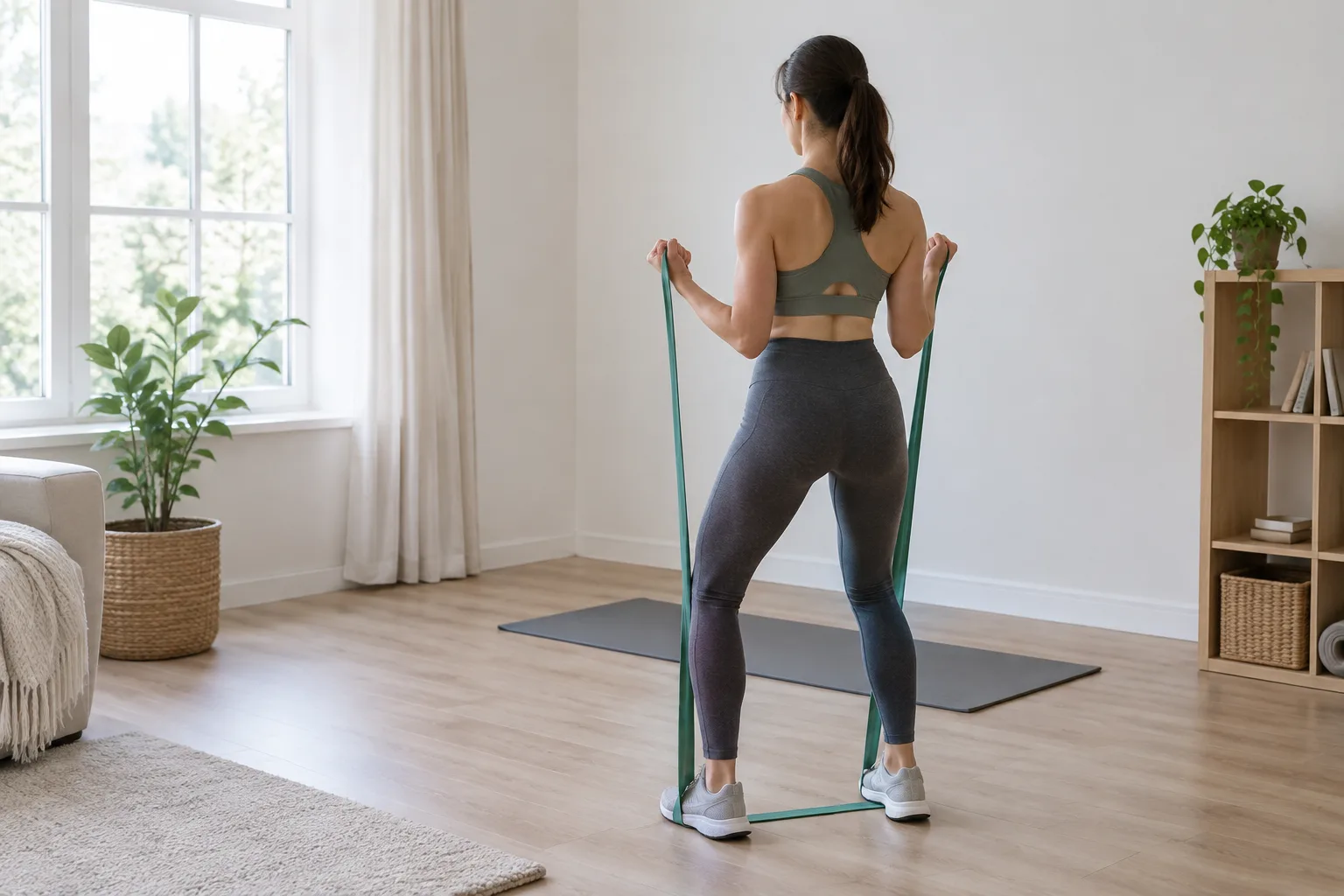 Une personne réalise un squat avec une bande élastique placée sous ses pieds.