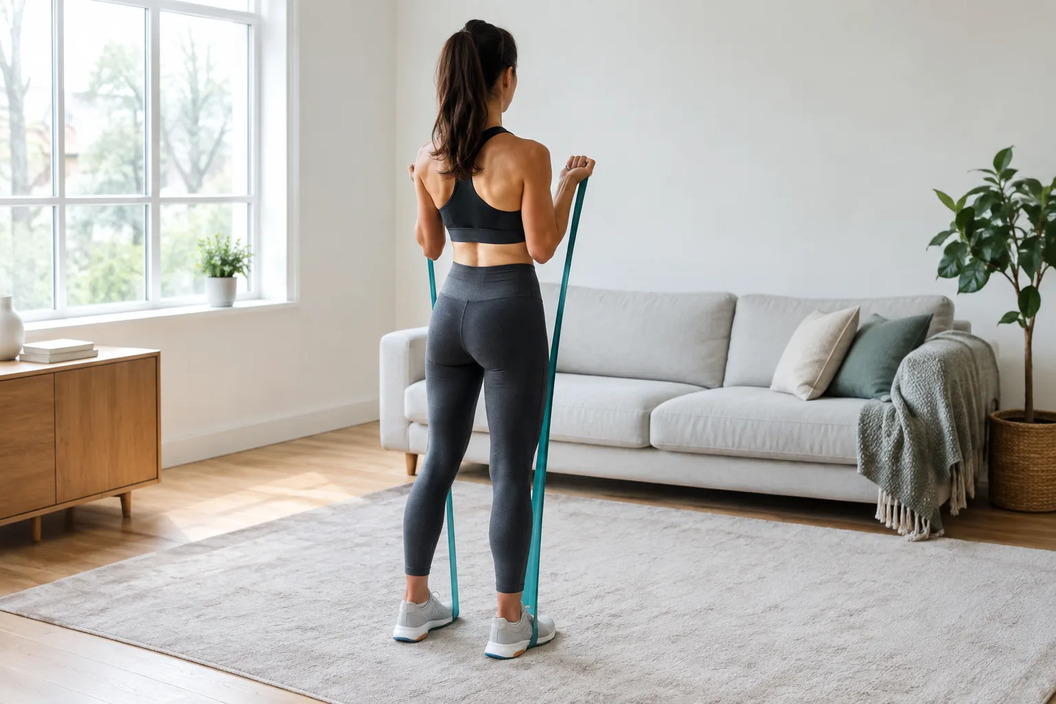 Une personne réalise un tirage horizontal avec un élastique, assise sur un tapis à la maison.