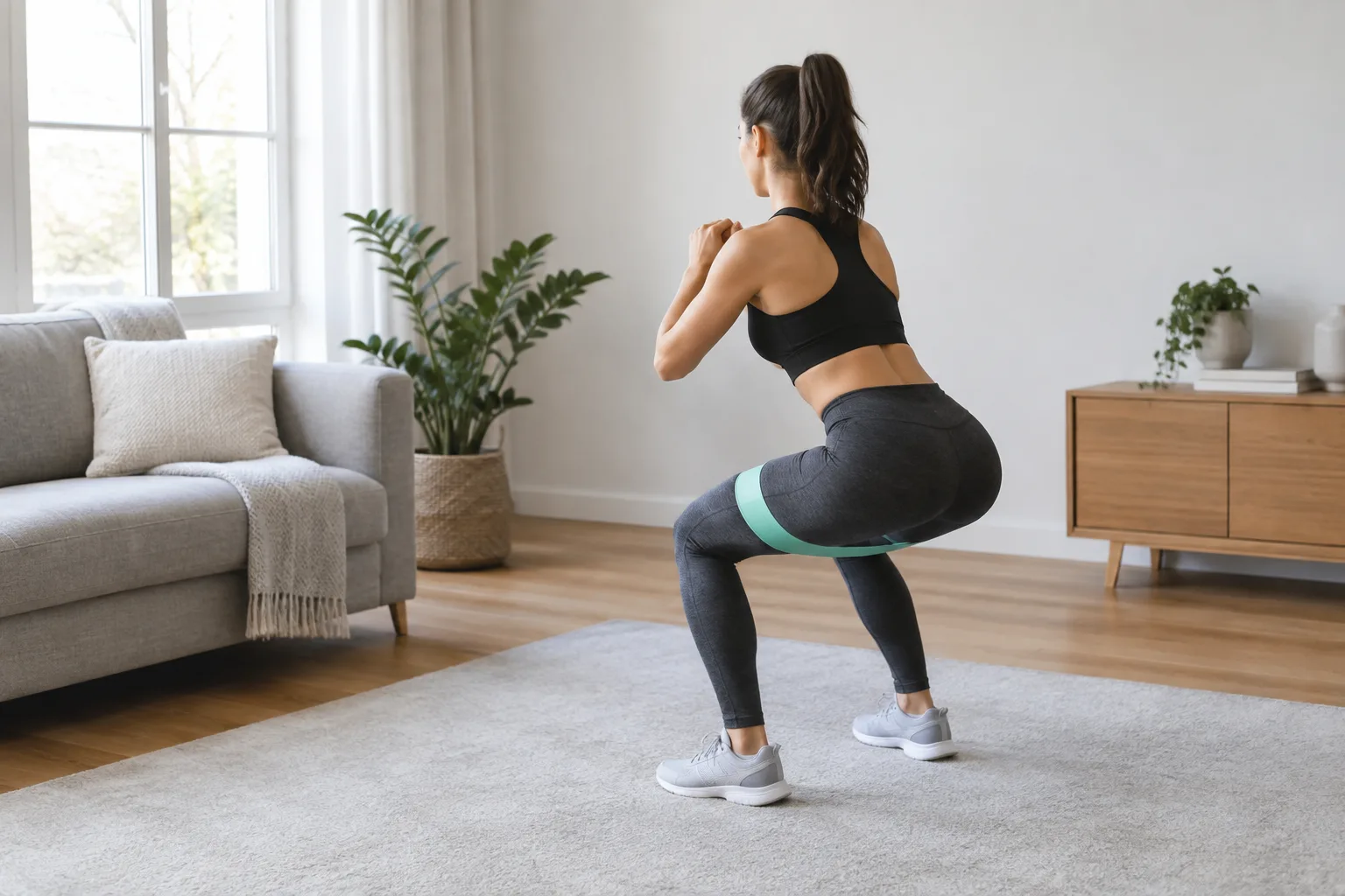Une personne réalise un squat debout avec une bande élastique sous les pieds.
